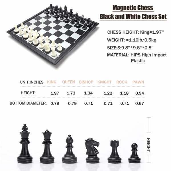 Set taitettava shakkilauta, mustavalkoiset nappulat, kätevä säilytys, opetusleluja/lahja lapsille ja aikuisille (25 x 25 cm)
