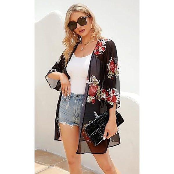 Kvinners blomstrete puff-ermet kimono-jakke løs dekke casual bluse