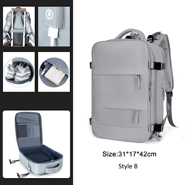 Foldbar Rejse Rygsæk Unisex Bærbar Computer Taske Stor Duffel Taske Damer Student Forretningsrejser USB Opladning Gray Style B