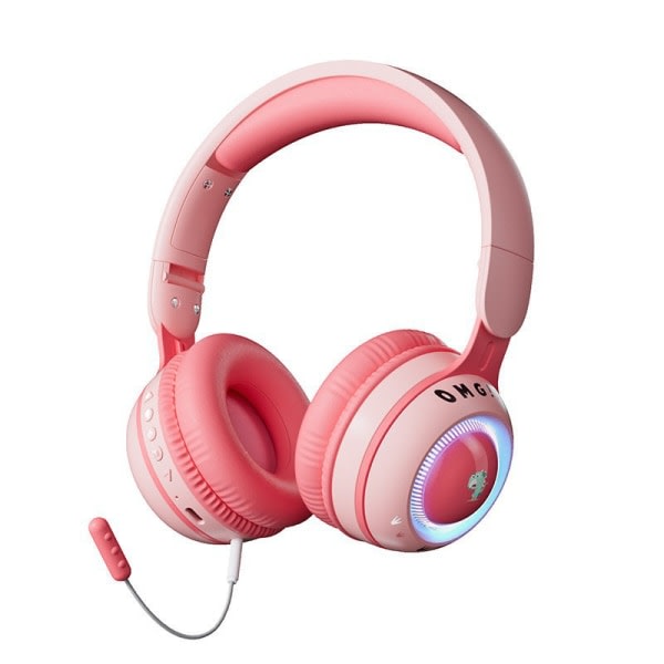 Sammenleggbare LED-lys trådløse Bluetooth Dinosaur-hodetelefoner med mikrofon og 3,5 mm Jack-Pink rosa