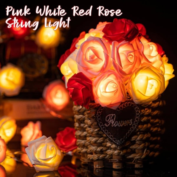 Rose String Lights, 20 stk Led Batteridrevet Romantisk Rød Pink Hvid Rose Lights, 3m kunstig blomsterkrans LED-lys