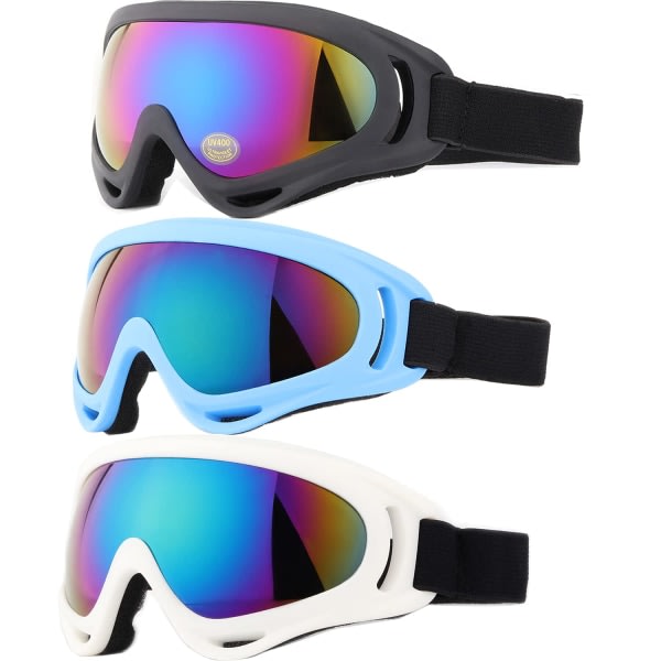 Skidglasögon, 3-pack snowboardglasögon för barn, pojkar, flickor, ungdomar, damer för män (svart, blått och vitt)
