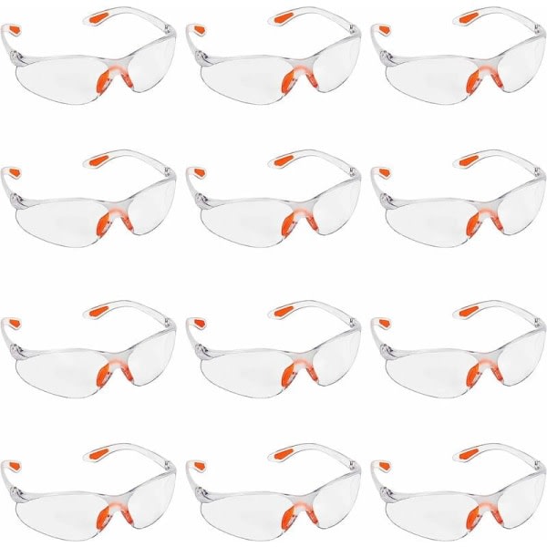 12-pack genomskinliga beskyttelsesglasögon - beskyttelsesglasögon med plastlinser, næserygge og komfortgummitempel - klar beskyttelsesglasögon