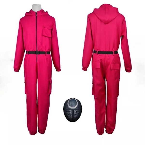Squid Game 2 NPC-dräkt Cosplay Rekvisita Jumpsuit och Bälte Outfit Maskeraddräkt Rosröd+ Fyrkantsmask-XF2- Rose Red+ Square Mask 2XL