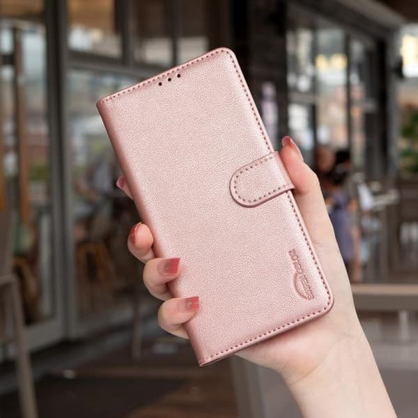 iPhone 17 Pro-deksel i lær med litchi-tekstur og RFID-tyverisikring Guld