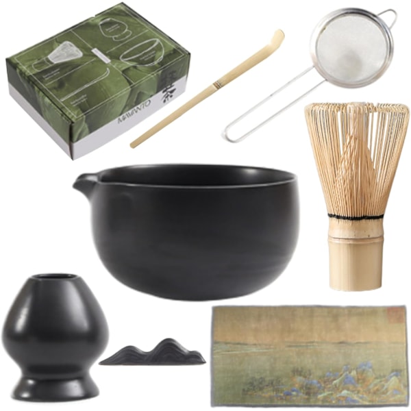 7 st/set matcha-set, matcha vispset inkluderar matchningsskål, bambuvisphållare, matchasjal, teskop, skopa hållare och tehandduk, japansk te-set svart Svart