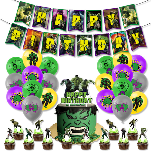 Hulk-tema bursdagsfestdekorasjoner festutstyr ballonger banner cupcake/kaketopp hengende virvler sett