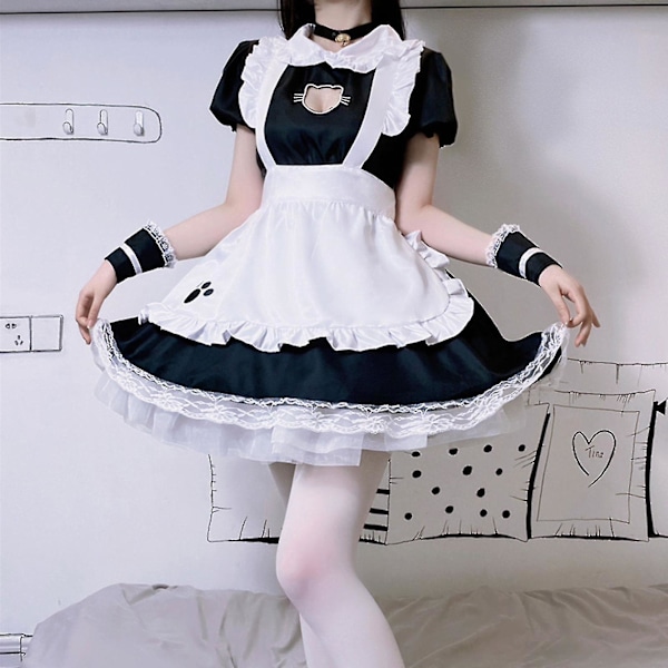 Ny sexy Lolita Maid-kjole søt hul katt dame jenter kjole Anime Cosplay kostyme S-3xl M