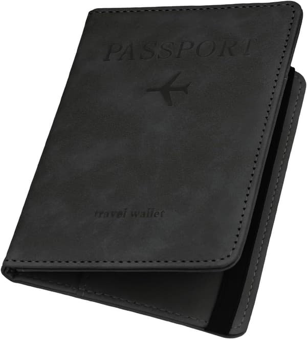 Pasholder PU-læder RFID-blokerende pasetui Rejsepung med kortplads og elastisk rem Pasetui (Sort)-FF- black