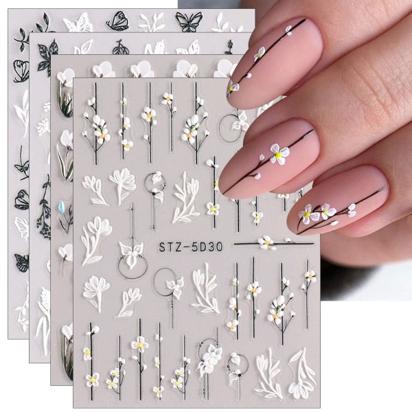 3D-präglad blomma våren Nail Art Stickers Dekaler Självhäftande 5D Sommar Färgglada Blommor Nageltillbehör Dekoration Tillbehör 4 ark