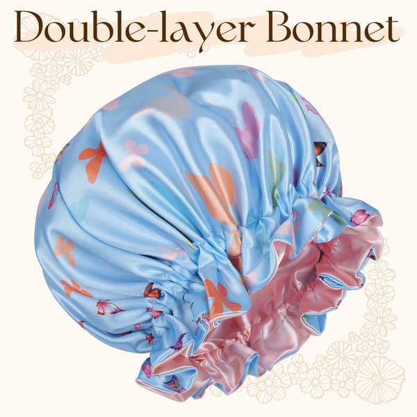 Dobbeltlags sovehette i satengstil med sommerfugltrykk og rysjer for hårpleie Light blue