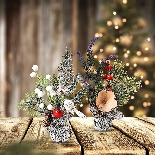 Sæt med 2 mini kunstige juletræer, 9,5'', med stofpose