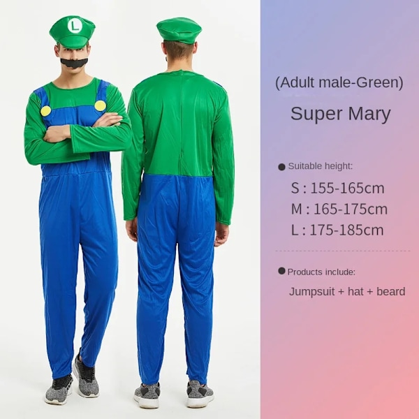 Mub- RS583 Børnetøj Mario Super Mario Kostumer Halloween Cosplay Anime Kostume Forældre-barn Rollespil Kostume Mario Voksen Mænd Grøn L Mario adult men Green