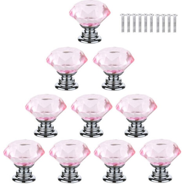 10 garderobsdörrhandtag möbellådskåp, 30 mm kristallglas diamant med skruvar - rosa