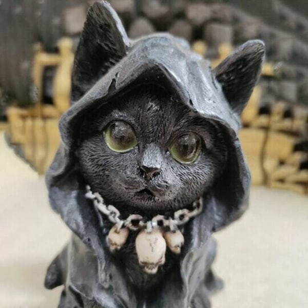 Feline Cloaked Grim Reaper Cat Figurine, Black Cute Feline Cloak