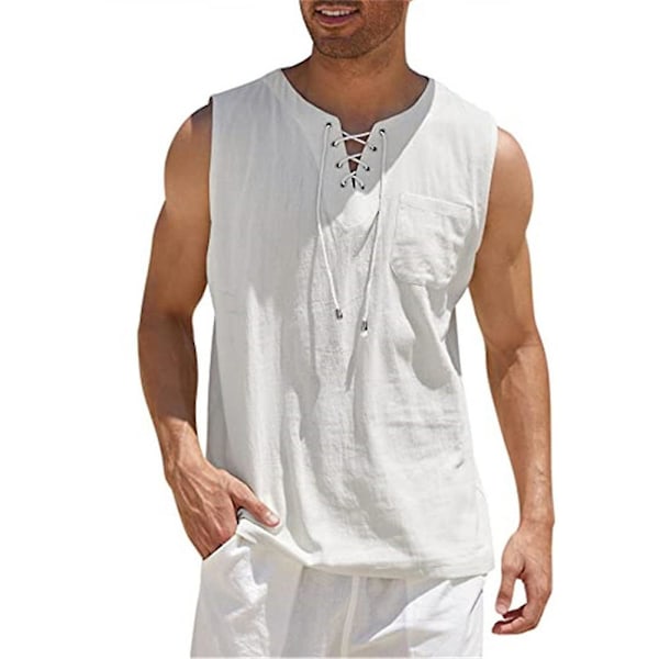 Miesten keskiaikainen renessanssi Viking Pirate Linen-paita Casual Hihaton Nauha Beach Hippie Topit Valkoinen White L