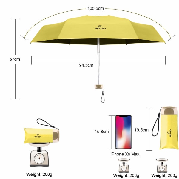Miniparaply, lommeparaply (gul) med gyldent håndtak, svart yellow