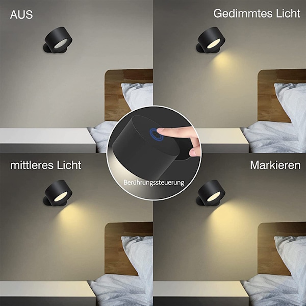 Væglampe LED Væglampe Genopladeligt Batteri Væglampe med 3 Farvetilstande 3 Lysstyrkeniveauer, 360° Rotér Magnetisk Kugle Touch Control, Indendørs W Black