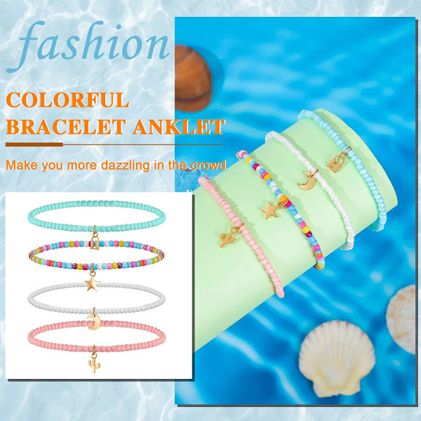 Boho Layered Anklet, 4 deler elastisk fargerike perler armbånd