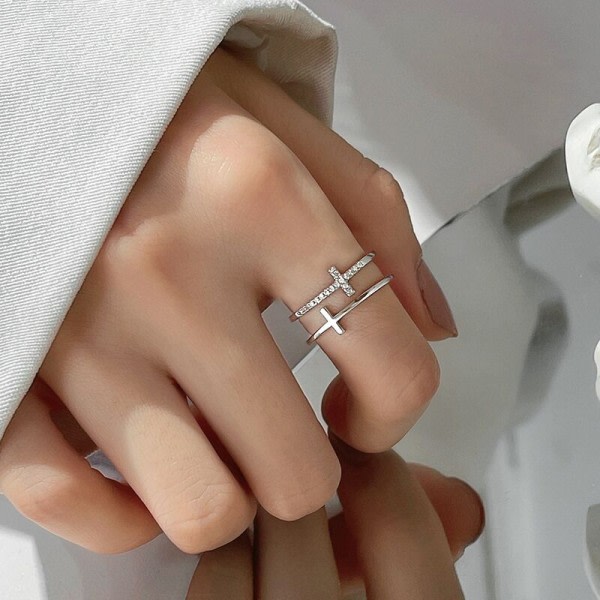 Justerbar forgyldt Cubic Zirconia Double Cross Ring, Sølv