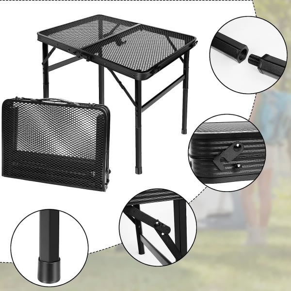 Hopfällbart campingbord, lite BBQ hopfällbart campingbord, 2 høydeinnstillinger, bord med metallgalleri