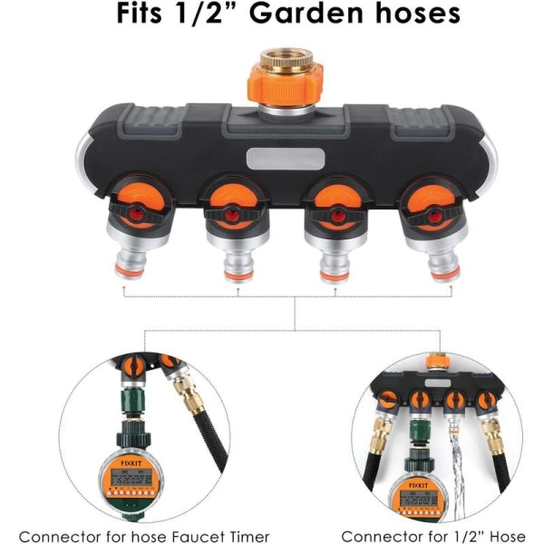 2/4-vägs splitter, 3/4" og 1/2" med kranadapter til trädgårdsbevattning og trädgårdsslang