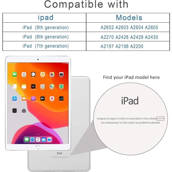 iPad 10.2-deksel (9. generasjon 2021) & (8. generasjon 2020) & (7. 2019) Auto vekke-/hvilefunksjon Beskyttende skall