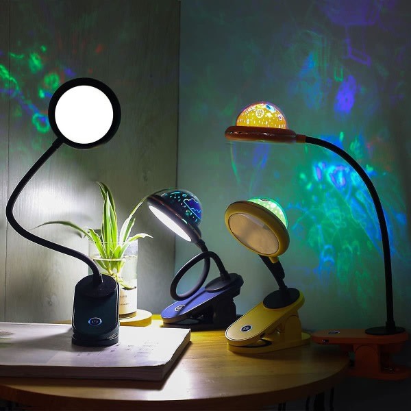 Klipslampe for barn, USB-oppladbart LED-klemme-leselys med stjerneprojeksjon, Svanehalslampe ved sengen, 360 Touch-dimming (blå)