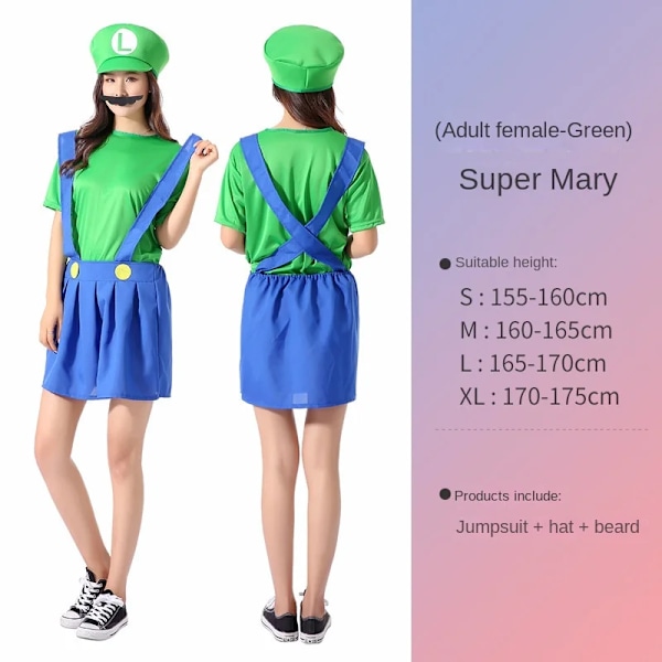 Mub- R583 Barnas Mario Klær Super Mario Kostymer Halloween Cosplay Anime Kostyme Foreldre-barn Rollespill Kostyme Mario Voksen Kvinners Grønn S Mario adult women's Green