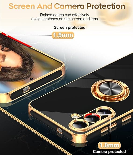 LeYi for Samsung Galaxy S25 FE Case, 2-Pack Screen Protector, 360° Rotatable Ring Holder, Magnetic Stand, Rose Gold Edge, Black Black