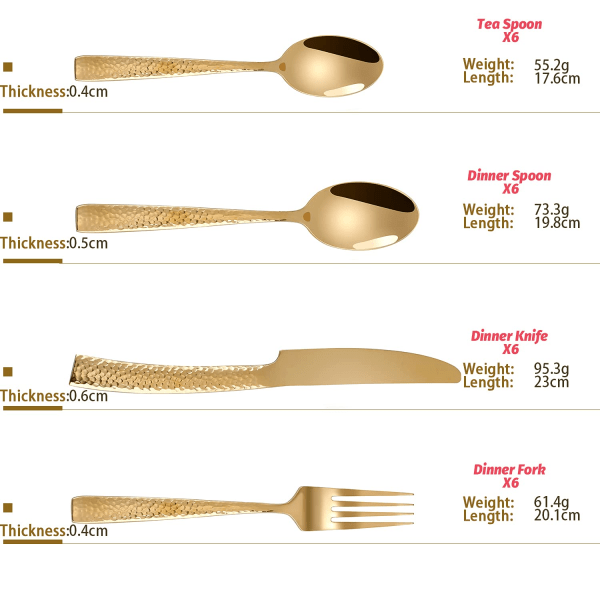 Sæt 24 delar rostfritt stål Hammered Gold sæt