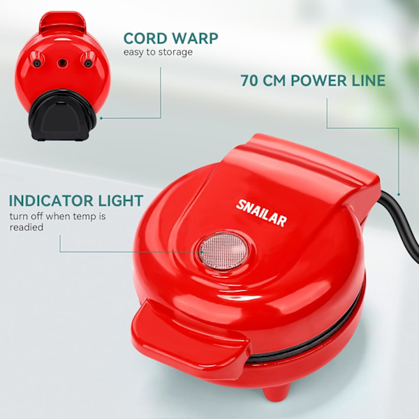 Mini Waffle Iron, Waffle Maker, Ready Indicator Light, Non-stick Coating, Cool-touch Handle, Compact Size-FF- Red