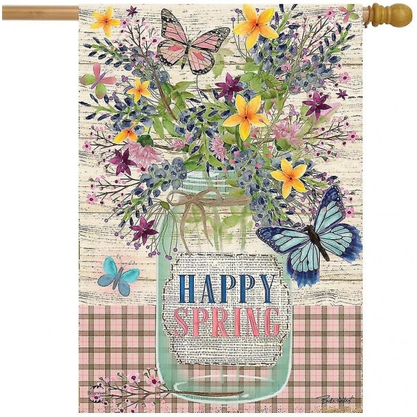 Shxx Happy Spring Mason Jar Floral House Flag Primitive 28" X 40" Yst-b825