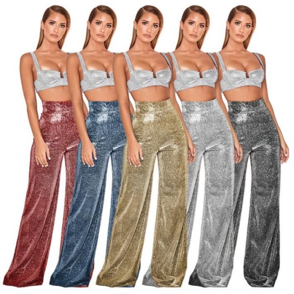 Sparkly Glitter, høy midje, brede benbukser for kvinner, sølv L