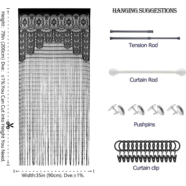 2 stk romdeler døråpning hippie vindupanel romdeler vegggardiner (35×79in/90×200cm,svart)