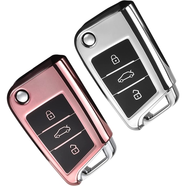 Roséguld + Silver Case 2 delar Yhteensopiva VW Golf 7 TPU Skyddsskal för bilnyckel 3 knappar Biltillbehör