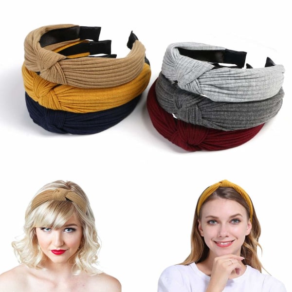 Kvinnors pannband, 6-pack tyg hårband, elastisk huvudinpackning