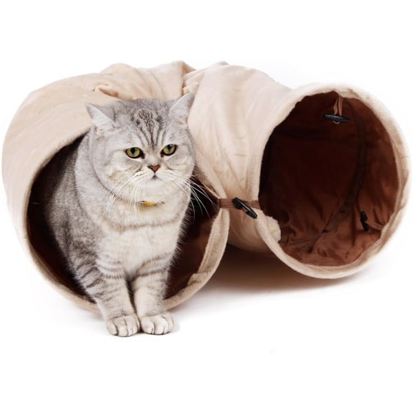 2-hulls kattetunnel Myk sammenleggbar katteleke med hengende ball Beige