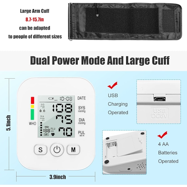 Bærbar blodtryksmåler, justerbar overarmsmanchet, 2 * 99 hukommelse med stort display, egnet til hjem og rejser (1-pakke)
