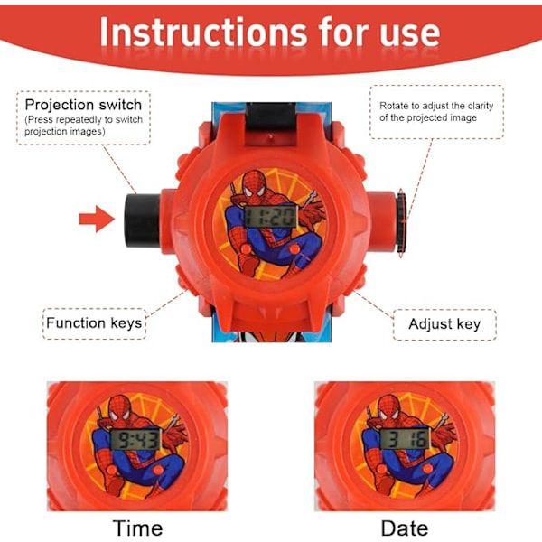 Digitalt ur til børn, projektionsur til børn, ur med digital projektor, digitalt ur til børn med 24 projektionsmønstre Spider-Man