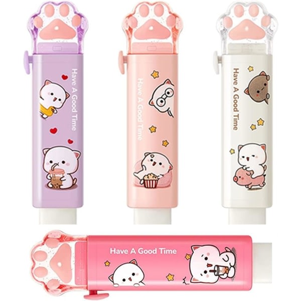 Katttassformade söta Push Pull Design Infällbara pennsuddgummi för barn, 4 färger, rolig festfavorit och skolmaterial, Kawaii Drawing Eraser