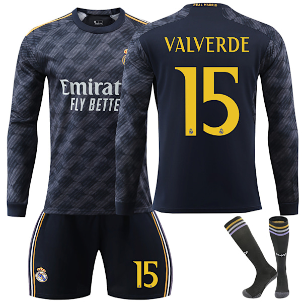 Real Madrid Borta Fotbollströja med Långa Ärmar för Barn, Set med Fotbollsutrustning 23-24 Nr 15 Valverde No.15 Valverde L
