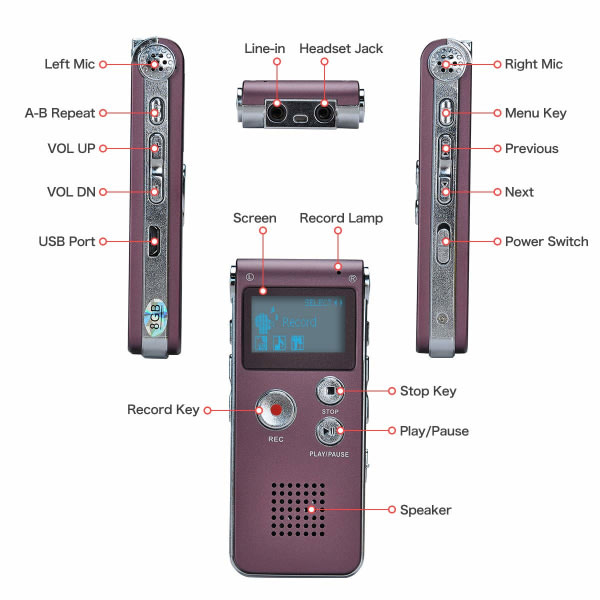 Bärbar digital röstinspelare Ljudinspelare Diktafon LCD-inspelare MP3-spelare-8GB (Burgogne)