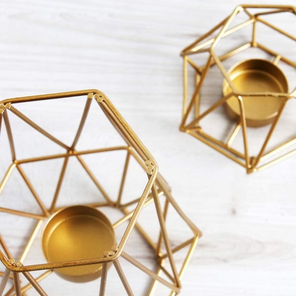 Set med 2 metall hexagon geometrisk design värmeljusstakar
