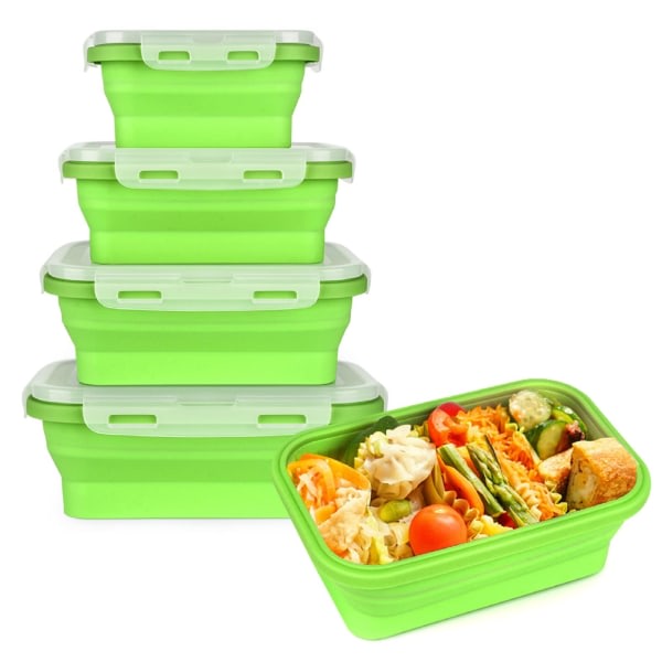 Matoppbevaringsbeholdere i silikon med lokk, sammenleggbar matboks Silikon Bento-bokser, sett med 4 grønne