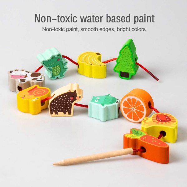 Montessori-legetøj til småbørn 3 4 5 år gammelt, snøreperler af træ