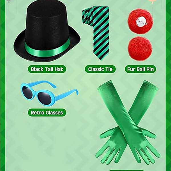 Halloween-kostym: grön hög hatt, blå solglasögon, randig handknuten slips, gröna handskar. 5-piece set - 2