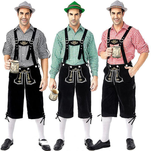 Tyske tradisjonelle ølfestivalklær for menn rutete skjorte Broderte seler med lue dress grå lue str. L