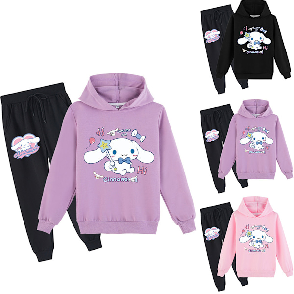 Barn Pojker Piger Cinnamoroll Tryk Hoodie Sweatshirt Bukser Sæt Casual Træningstøj Lilla 160cm Purple