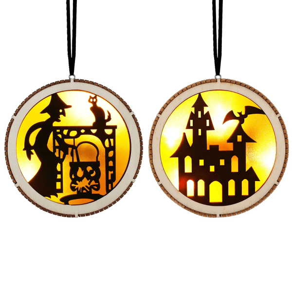 2 st Halloween prydnad med LED-ljus, trä häxa spöke ornament Holiday hängande grannlåt för Halloween dekorationer (B)